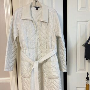 Athleta White Quilted Long Coat with Belt